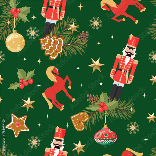New Year's Eve with a Nutcracker and Christmas decorations on a green backdrop. Seamless vector illustration for decorating textiles and packaging.