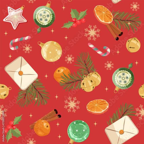 New Year's Eve with tangerines and Christmas balls on a red background. Seamless vector illustration. Suitable for decorating textiles and packaging.