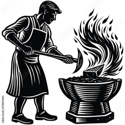 Blacksmith at Work Silhouette Crafting Metal with Fire and Hammer on White Background