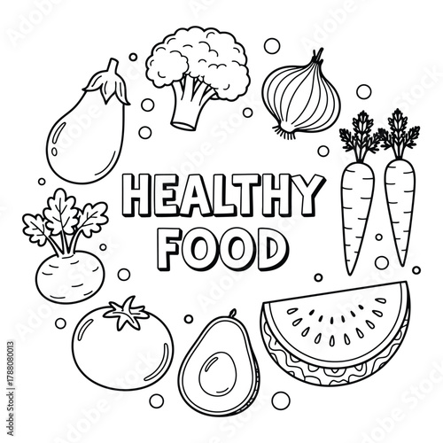 Black and white illustration of healthy food concept with fresh vegetables