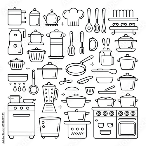Kitchen utensils and appliances in line art style for cooking illustration