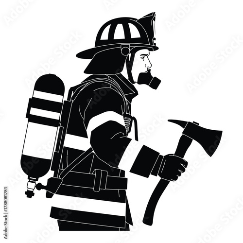 Brave firefighter in uniform with axe silhouette ready for action