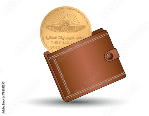 Egyptian money with a wallet in the background. 50 Piastres the Pharaohs Golden Parade, Egypt. A 50 piastres coin into the wallet.