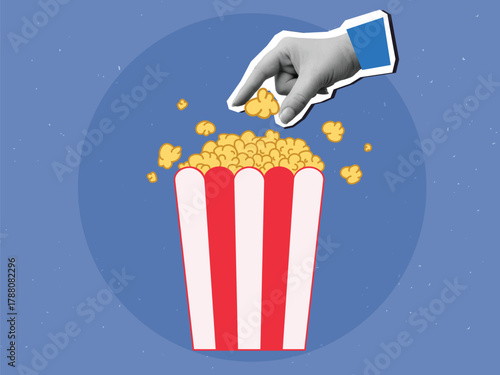 A hand takes popcorn from a striped red and white packaging. Modern collage style. Vector illustration