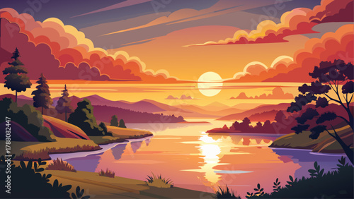 Very beautiful sunset on the Mississippi River in La Crosse, Wisconsin, featuring warm glowing sky colors, calm reflective water, silhouetted trees and riverbanks, and a realistic serene evening lands