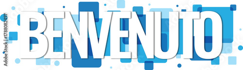 Welcome message BENVENUTO in bold white uppercase letters on a vibrant blue geometric design