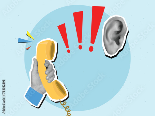 Telephone receiver in hand with an exclamation marks and ear. Modern collage style. Vector illustration