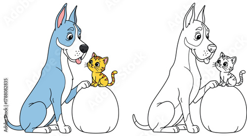 Adorable Cartoon Dog and Cat Friends Playing Together: A Happy Canine and Feline Duo in a Fun Scene, Perfect for Kids' Designs and Pet-Themed Content