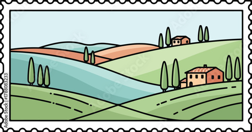 A stylized illustration of rolling hills with houses and trees, designed like a postage stamp, depicting a serene rural landscape.
