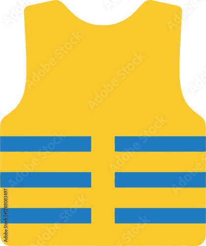 Bright yellow life vest icon with distinct blue horizontal stripes, symbolizing crucial water safety, personal protection, and aquatic rescue preparedness