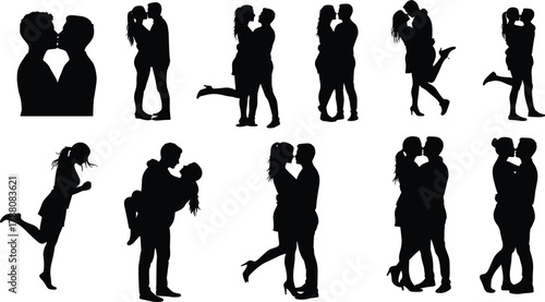 Romantic couple silhouette kissing and hugging, love relationship black figures illustration collection on white background design