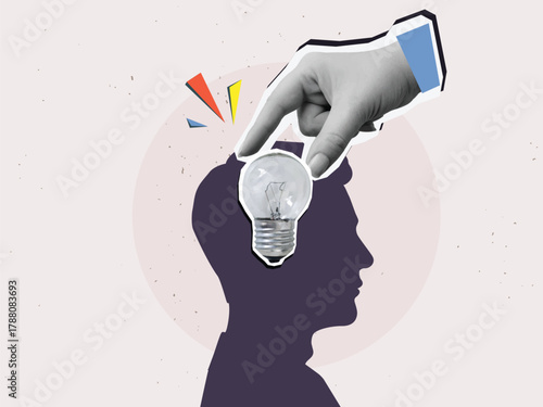 A hand places glowing lightbulb in a silhouette of male head. Modern photo collage style. Vector illustration