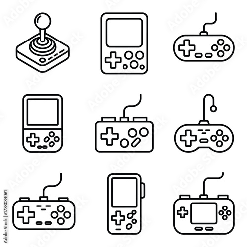 Collection of vintage game consoles and controllers line art design