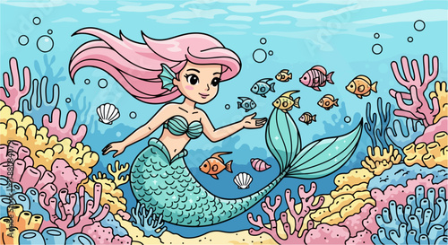 A cute cartoon mermaid with pink hair and a teal tail swimming underwater among colorful coral reefs and small fish.