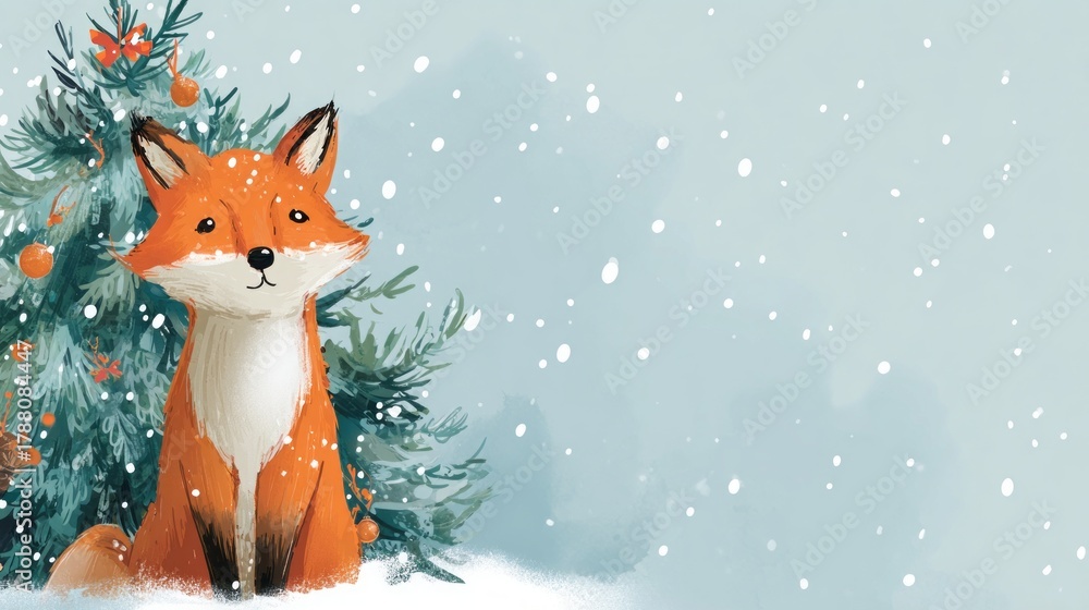 Obraz premium fox against the background of a Christmas tree illustration.