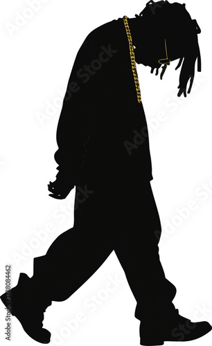 Silhouette of a person with dreadlocks wearing a gold chain and walking with a slumped posture on a white background