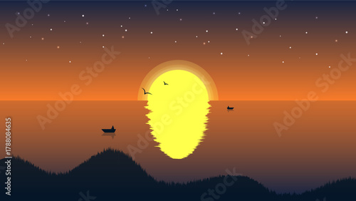 Peaceful sunset scene with glowing sun, still ocean, boats and birds in silhouette against warm evening sky