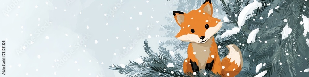 Obraz premium fox against the background of a Christmas tree illustration.