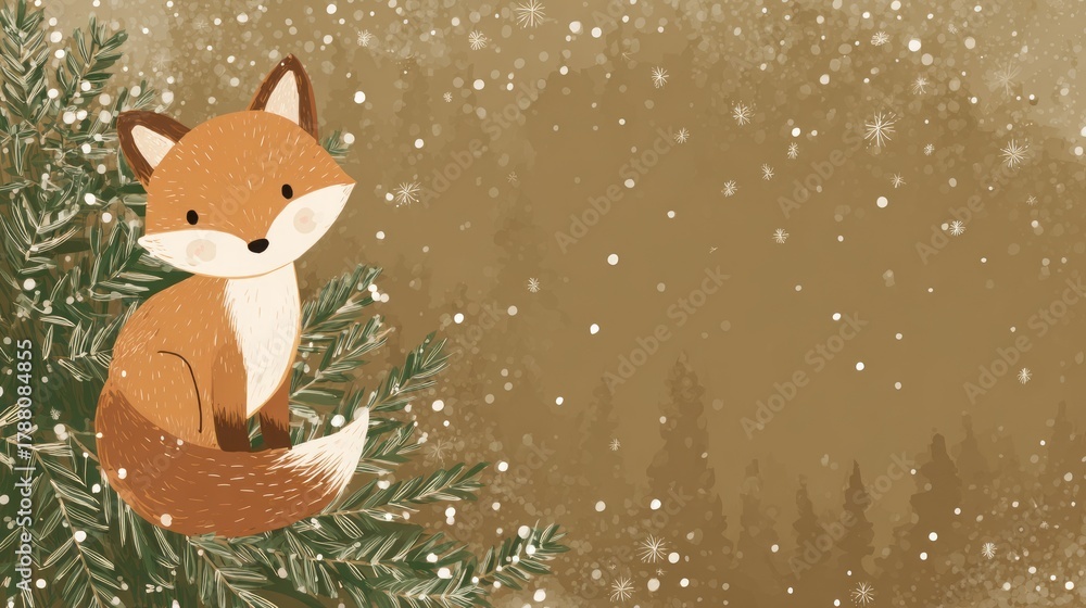 Obraz premium fox against the background of a Christmas tree illustration.