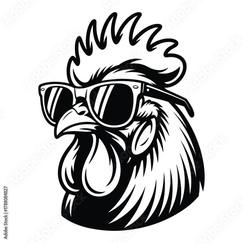 Cool rooster vector illustration wearing sunglasses in black and white style