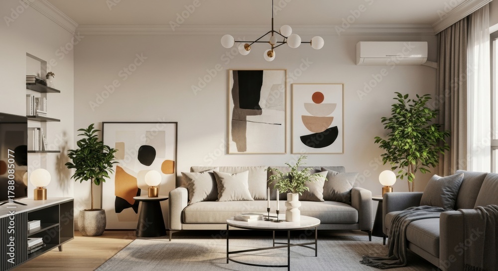 Fototapeta premium Contemporary Living Room with Grey Sofa, Armchair, and Gallery of Abstract Boho Art.