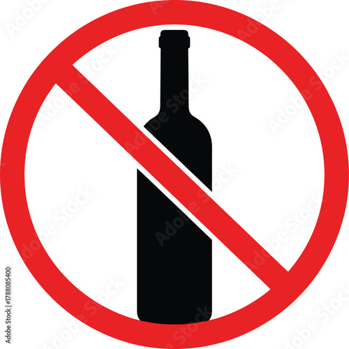 Prohibition of alcohol sign with a stylized black bottle symbol enclosed in a bold red circle and diagonal line, indicating no drinking allowed