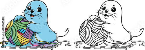 Adorable Seal Playing with Colorful Yarn Ball Cute Crafting Companion Illustration