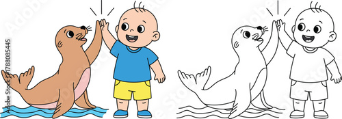 Cute Cartoon Baby and Seal Giving High Five Vector Illustration for Kids Coloring Book and Friendship Themes