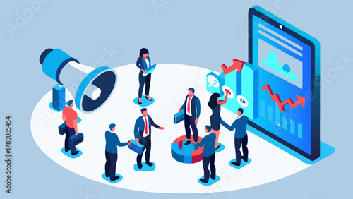 Business team analyzing financial data and market trends on a digital tablet with a megaphone in the background