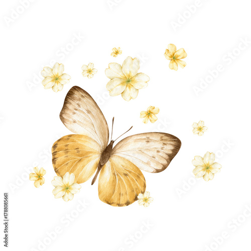 Yellow butterfly with small flowers, soft pastel nature clipart for spring and Easter designs