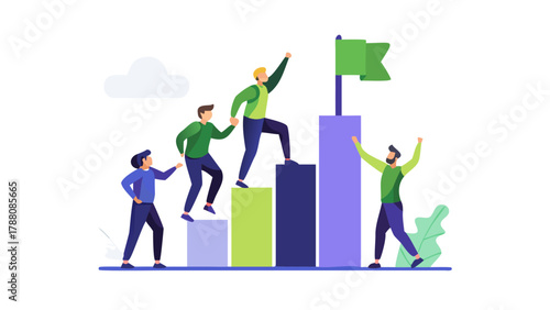 Teamwork and collaboration leading to success and reaching goals on a graph with a flag