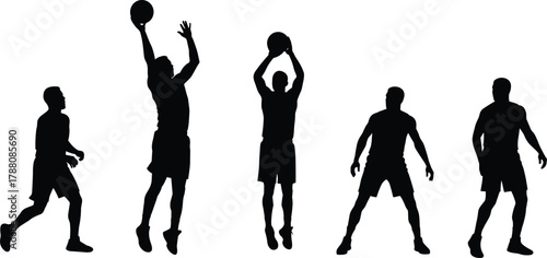 Silhouette of basketball players in different action poses, men playing sports, teamwork, fitness, and athletic training concept