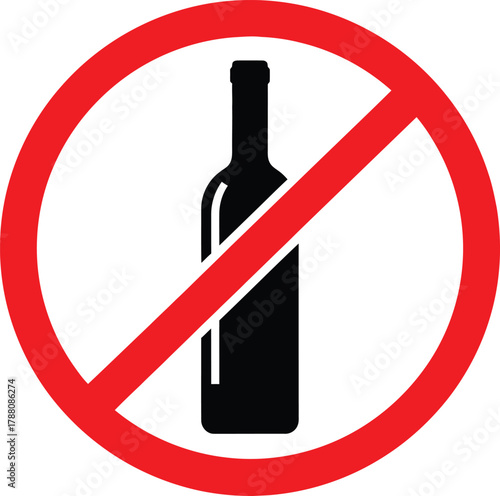 Prohibition sign for alcoholic beverages showing a black bottle silhouette inside a red forbidden circle indicating no alcohol allowed or permitted in this area