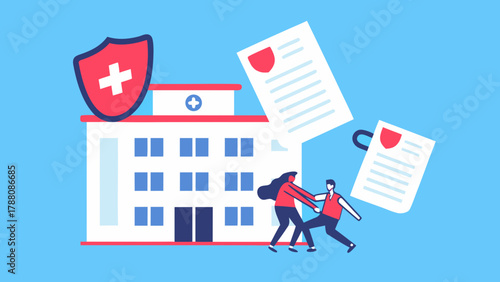 Doctor and patient with hospital building medical shield and insurance documents in a conceptual illustration of healthcare