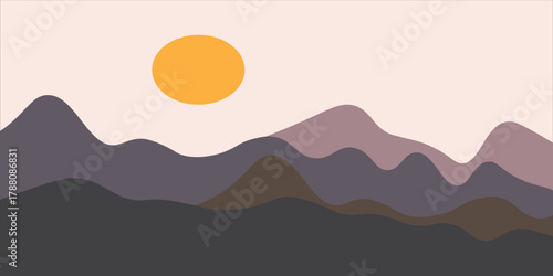 Abstract mountain landscape poster. Nature wall decor, contemporary art print, mid century background. Vector animation illustration