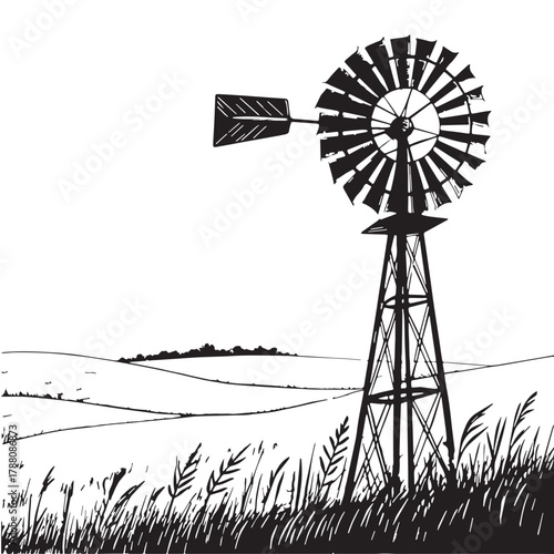 Black Windmill in Field Silhouette Vector, High Quality Illustration on White Background