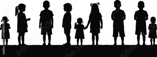 Silhouette of children standing in line, group of boys and girls on grass field in black outline