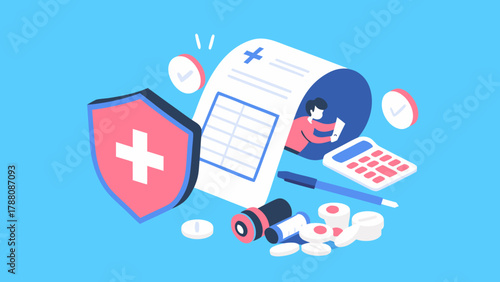 Healthcare insurance and medical expenses concept with shield calculator pills and prescription paper on blue background