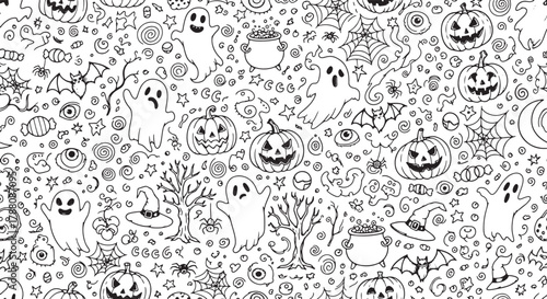 Vactor illustration of seamless halloween pattern with pumpkins, ghosts, bats, spider webs and other elements