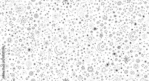 Vactor illustration of hand drawn seamless pattern with stars, moon and planets