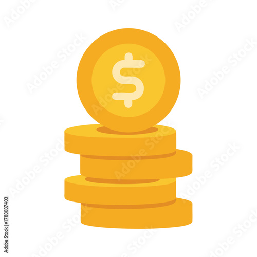 Stack of gold dollar coins isolated on white background, representing wealth and finance