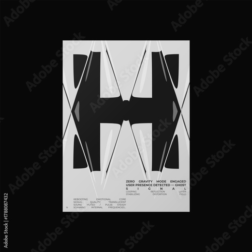 Abstract poster design with letter H and liquid glass distortion and refraction effects. Composition blending typography, reflection, and optical illusion.