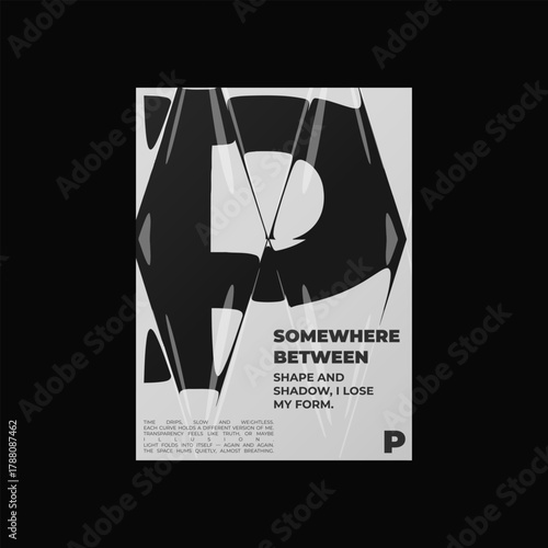 Abstract poster design with letter P and liquid glass distortion and refraction effects. Composition blending typography, reflection, and optical illusion.