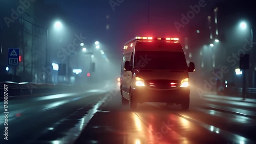 ambulance on city street at night with foggy atmosphereambulant vehicle on wet road during nighttime with city lights in the background.
