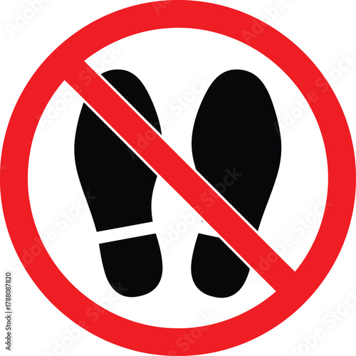 No stepping or no shoes allowed prohibition sign vector illustration, two black footprints inside a red circle with a diagonal line, safety warning graphic.