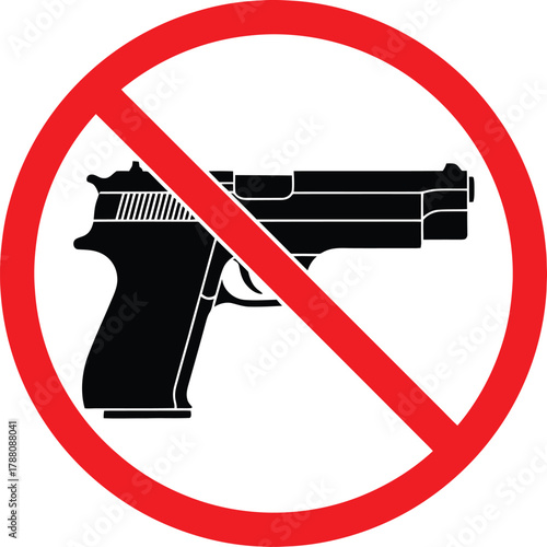 No firearms allowed sign, handgun silhouette inside a red circle with a diagonal line, representing gun control, safety, and prohibited weapons areas. vector illustration.