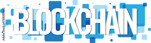 BLOCKCHAIN technology word displayed within a modern blue geometric square pattern for digital innovation