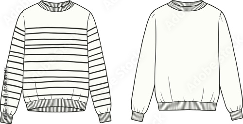 Beige striped crew neck sweater flat sketch front and back view with ribbed cuffs, waistband, long sleeves, and relaxed fit