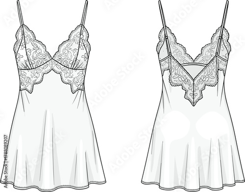 Elegant floral lace satin chemise nightdress with V-neckline, adjustable straps, and delicate embroidery fashion flat vector illustration