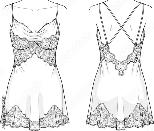 Elegant lace nightdress fashion sketch with spaghetti straps, cowl neckline, and cross back design for lingerie collection